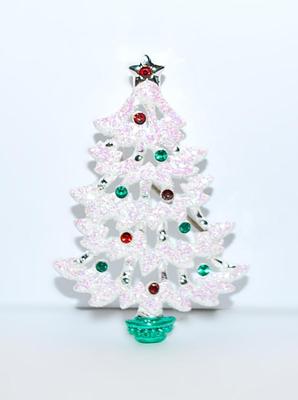 WHITE Glittery CHRISTMAS TREE BROOCH (2" x 1½") with Red & Green Ornament Accents and Silver Tone Setting