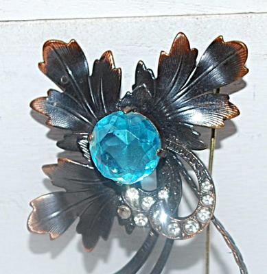 Beautiful Vintage-Style Rust & Black BEJEWELED BROOCH (2¾" x 2") with Large Blue and Clear Stone Accents on a Dark Setting