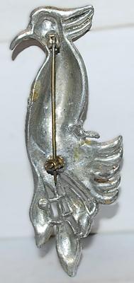 VINTAGE BEJEWELED PEACOCK-STYLE BIRD BROOCH (3" x 1") with RED Eye on a Solid Silver Tone Setting