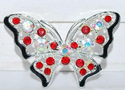 Beautiful Black Edged BUTTERFLY BROOCH (2" x 1½") with Bright RED Stones & Beveled Iridescent Stones on a Silver Tone Setting