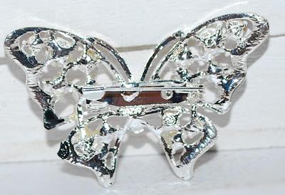 Beautiful Black Edged BUTTERFLY BROOCH (2" x 1½") with Bright RED Stones & Beveled Iridescent Stones on a Silver Tone Setting