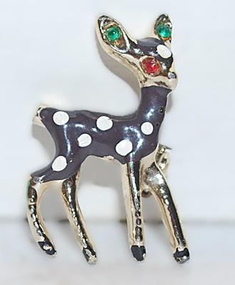 White Spots on a Dark Gray Body DEER BROOCH (1" x ¾") with Red Eye & Green Ears on a Silver Tone Setting
