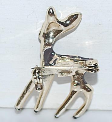 White Spots on a Dark Gray Body DEER BROOCH (1" x ¾") with Red Eye & Green Ears on a Silver Tone Setting