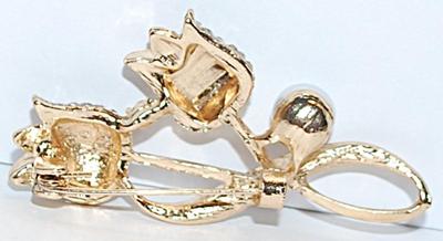 Gold Edged Color Outline Bejeweled TULIPS BROOCH (2" x 1") with Twisted Stem & Large Faux Pearl on a Gold Tone Setting