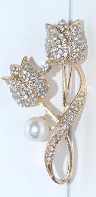 Gold Edged Color Outline Bejeweled TULIPS BROOCH (2" x 1") with Twisted Stem & Large Faux Pearl on a Gold Tone Setting