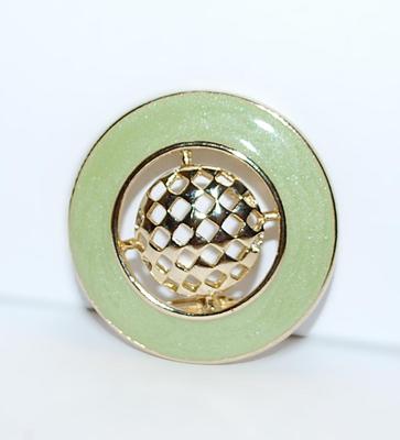 LIME GREEN CIRCLE BROOCH (1¾" Diam.) with Gold Colored Center "GRILL" and Gold Tone Setting