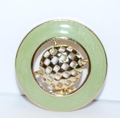 LIME GREEN CIRCLE BROOCH (1¾" Diam.) with Gold Colored Center "GRILL" and Gold Tone Setting