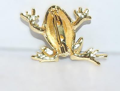 PINK, RED & GREEN STONES FROG BROOCH (1¼" x 1¼") with Blue Body and Clear Stone Eye Accents on a Gold Tone Setting