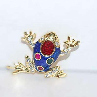 PINK, RED & GREEN STONES FROG BROOCH (1¼" x 1¼") with Blue Body and Clear Stone Eye Accents on a Gold Tone Setting