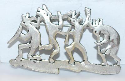 DANCING "KOKOPELLI" GROUP BROOCH (2½" x 1½") on a Silver Tone Setting