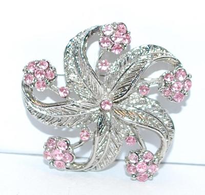 PINK Swirl Flower BROOCH (1½" Diam.) with 5 Curved Leaves & 36 Round Pink Stones on a Silver Tone Setting