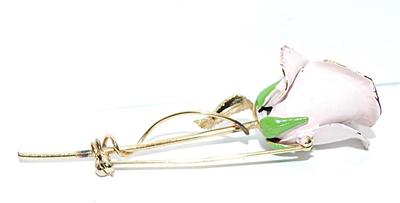 Purple & Lite Pink ROSE BROOCH (3¼" x 1") with Long Stem and Green Leaves on a Gold Tone Setting