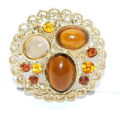 Triple Oval AMBER & WHITE STONES BROOCH (1½" Diam.) with Amber Accents Stones and Filagree Style Gold Tone Setting