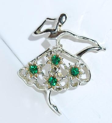 "Emerald Stars" BALLARINA BROOCH (1¾" x 1½") with 4 Green Stones on Skirt and Silver Tone Setting