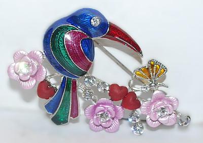 Beautiful Multi-Color BLUE HEADED BIRD BROOCH (2½" x 1¾") with 3 Hearts, 3 Pink Flowers & Amber Butterfly Accents on a...