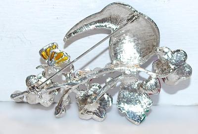 Beautiful Multi-Color BLUE HEADED BIRD BROOCH (2½" x 1¾") with 3 Hearts, 3 Pink Flowers & Amber Butterfly Accents on a...