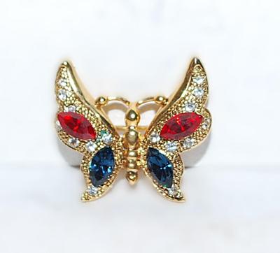 Marquise Cut RED & BLUE Stones BUTTERFLY BROOCH (1" x 1") with White Stone Accents on a Gold Tone Setting