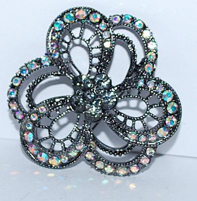 Showy 6 Loop IRIDESCENT BROOCH (2" Diam.) with Center Accent Gray Stones Star on a Dark Silver Tone Setting