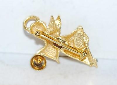 Brushed Gold Colored ANGEL & BELL PENDANT/BROOCH COMBO (1¾" x 1") -- Marked © R R USA -- on a Gold Tone Setting