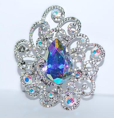 Large IRIDESCENT SPIRAL GARDEN BROOCH (3" x 2½") with Multi-Color Stones on a Silver Tone Setting