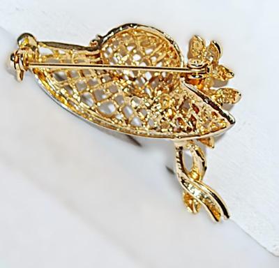 Gold Colored Filigree HAT BROOCH (1½" x 1¼") with Accent Stones & Ribbons on a Gold Tone Setting