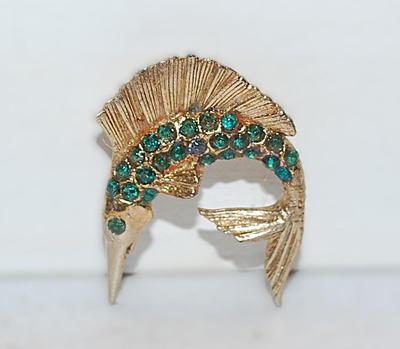 GREEN STONES on BODY SAILFISH BROOCH (1" x ¾") with Gold Colored Sailfin on a Gold Tone Setting