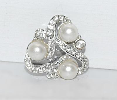 VINTAGE 3 Faux PEARL BROOCH (1" Diam.) with Swirled Rows of Clear Accent Stones on a Silver Tone Setting