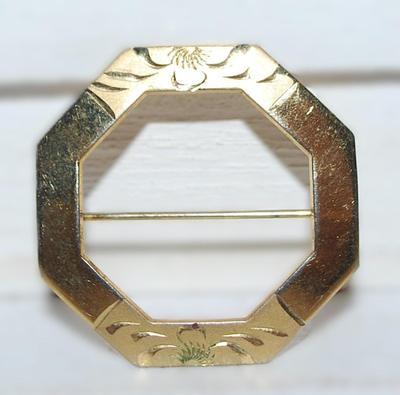 Gold Colored OCTAGON BROOCH (1¼" Diam.) with Engraved Subtle Flowers on a Gold Tone Setting