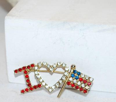 "I LOVE USA" FLAG BROOCH (2" x ¾") on a Gold Tone Setting