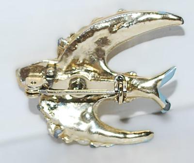 Red Eyed Faux "FLAT PEARLS" BIRD BROOCH (1½" x 1") with Blue Accents on a Gold Tone Setting