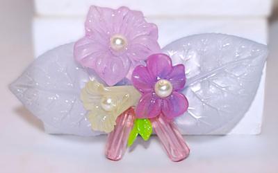 PINKS & YELLOW Acrylic BROOCH (3¾" x 2") with Faux Pearl Centers and Silver Tone Pin Back