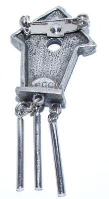 Gray Metal BIRDHOUSE WINDCHIME BROOCH (2¼" x 1") Marked ©GC - with 3 Dangles and Yellow Flower on a Silver Tone Setting