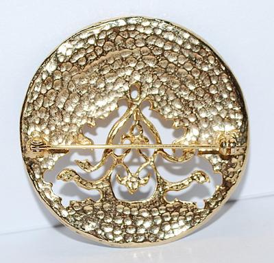 Beautiful BLUE & GREEN ENAMELED BROOCH (2" Diam.) with Gold Tone Branch Highlights and Setting