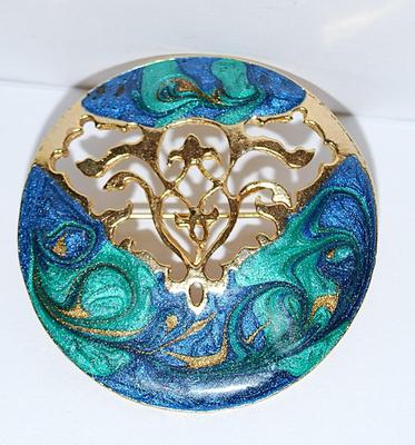 Beautiful BLUE & GREEN ENAMELED BROOCH (2" Diam.) with Gold Tone Branch Highlights and Setting
