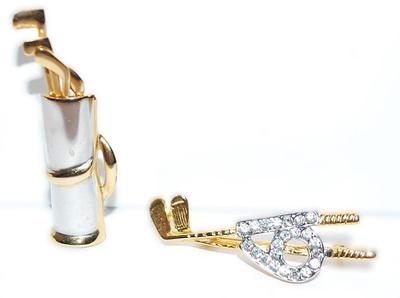 Collection of 2 BROOCHES - Golf Clubs and Silver Colored Bag & 2 Gold Clubs with a Bejeweled Number "19" on Gold Tone Settings