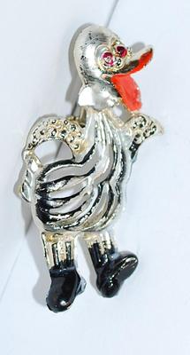 Vintage GOOFY DUCK BROOCH (1¾" x 1") with Red Eyes, Orange Mouth& Black Feet on a Silver Tone Setting