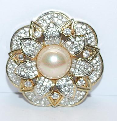 Stunning Bejeweled Double Layered STAR BROOCH (1¾" Diam.) with Half Cut Faux "Pearl" Globe on a Gold Tone Setting