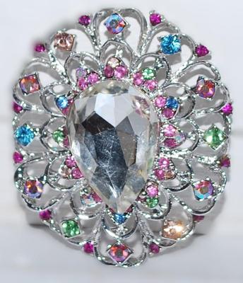 Beautiful Large Oval Teardrop Center Stone BROOCH (2¼" x 2") with PINK, BLUE, CHAMPAGNE & GREEN Stones on Looped Grid and...