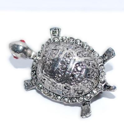 Petite RED-EYED TORTOISE BROOCH (1" x ¾") with Metal Gray Shell Design on a Silver Tone Setting