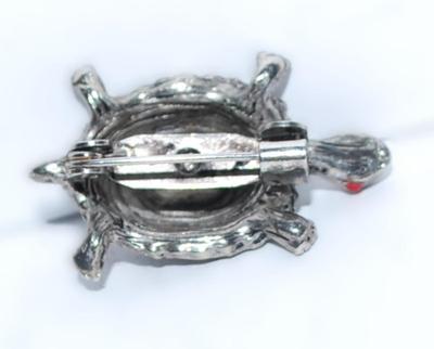 Petite RED-EYED TORTOISE BROOCH (1" x ¾") with Metal Gray Shell Design on a Silver Tone Setting