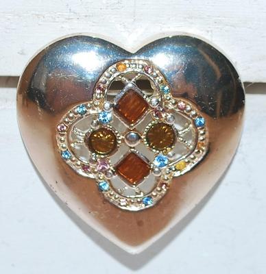 Silver Colored HEART BROOCH (1½" x 1½") with ORANGE & AMBER Stone Insets on a Silver Tone Setting