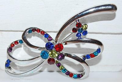 Multicolor Stones Looped Flower BROOCH (2¼" x 2¾") with Long Stem on a Bright Silver Tone Setting