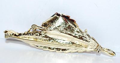 Deep Red & Gold Colored Curled LEAF BROOCH (3½" x 1¼") on a Silver Tone Setting