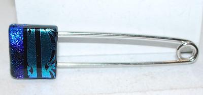 Large BLUE & AQUAMARINE Enamel Square PIN BROOCH (3" x ¾") on a Silver Tone "Safety Pin"