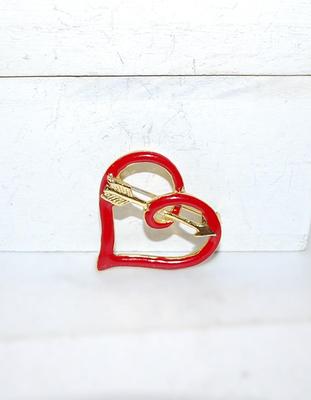 Enameled RED HEART BROOCH (1⅛" x 1⅛") with Piercing Gold Arrow on a Gold Tone Setting
