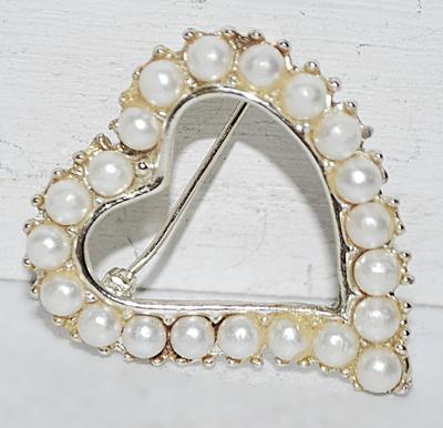 White Faux PEARLS BROOCH (1¼" x 1¼") on an Off-Center HEART & Silver Tone Setting