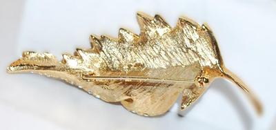 Bejeweled "Curled Gold Leaf" BROOCH (3" x 1¼") with Clear Round Accent Stones on a Gold Tone Setting