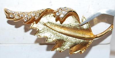 Bejeweled "Curled Gold Leaf" BROOCH (3" x 1¼") with Clear Round Accent Stones on a Gold Tone Setting