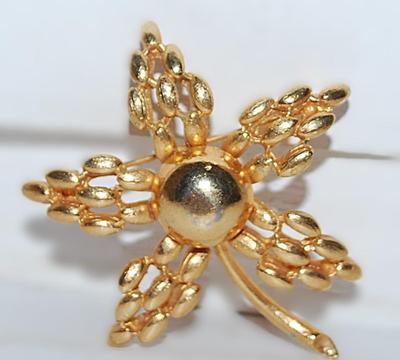 All Gold Colored 5 Petals BROOCH (2" x 2") with Half Globe and Stem Brushed Gold Tone Setting