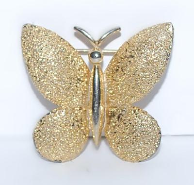 Brushed "Ground Stone" Gold Colored BUTTERFLY BROOCH (1¼" x 1¼") on a Gold Tone Setting